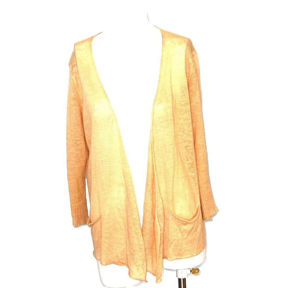 ❤Eileen Fisher Women M 100% LINEN Peach Open Front Cardigan Sweater Beach BOHO